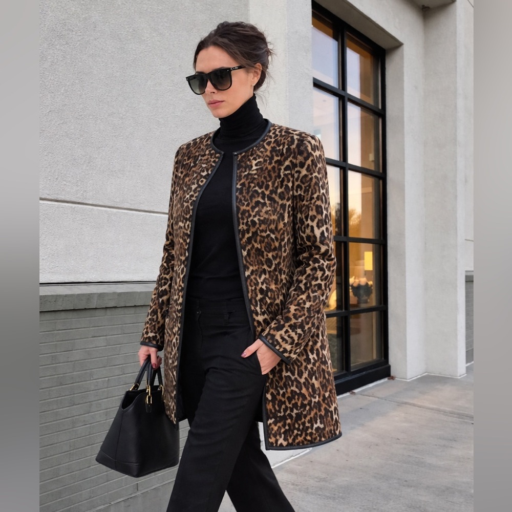 Beautiful Animal Print Coat Jacket with Faux Leather Trim - Picture 4 of 11